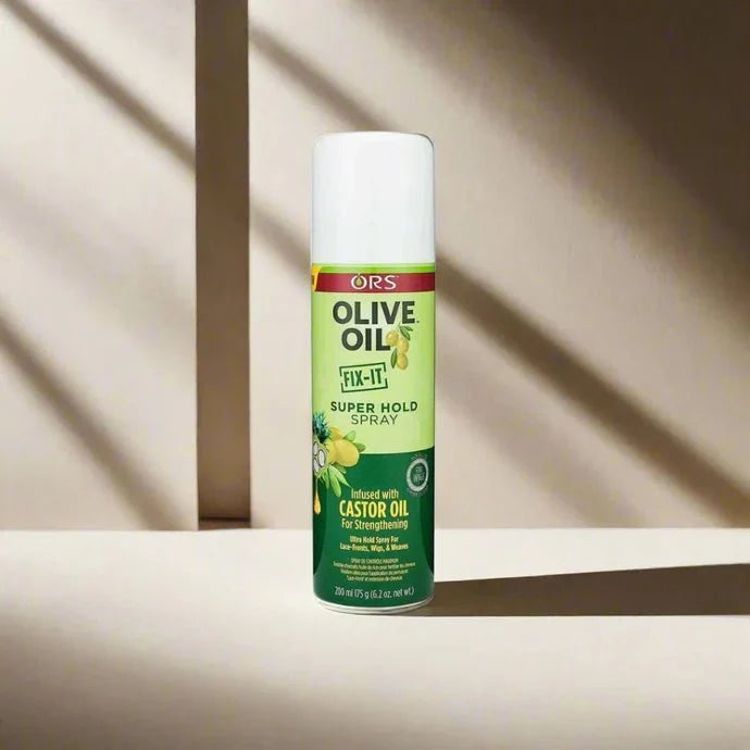 ORS Olive Fix-It Super Hold Spray 6.2 oz bottle with black nozzle, designed for strong, long-lasting hair hold and styling.
