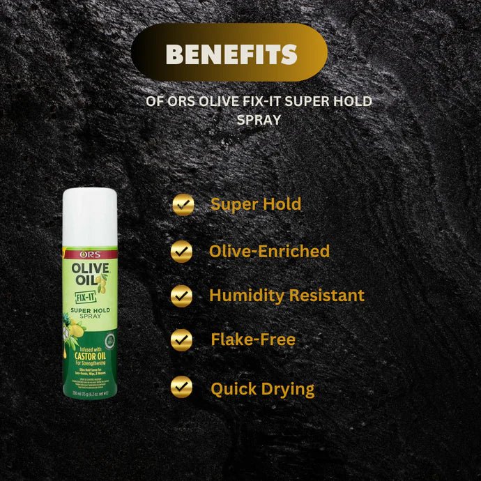 ORS Olive Fix-It Super Hold Spray in a 6.2 oz bottle, designed for strong, long-lasting hold and styling of hair.