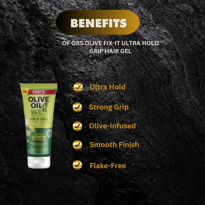 ORS Olive Fix-It Ultra Hold Grip Hair Gel in 5 oz jar, showcasing the clear gel formula and branding on the container.