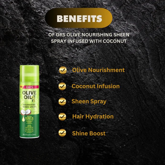 ORS Olive Nourishing Sheen Spray with Coconut, 11.7oz, features a spray bottle for shiny, nourished hair with natural coconut infusion.