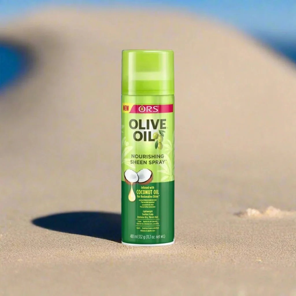 ORS Olive Nourishing Sheen Spray with Coconut, 11.7oz, displaying a spray bottle with green and white labeling and a coconut illustration.