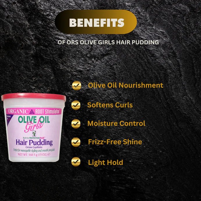 ORS Olive Oil Girls Hair Pudding 13oz jar with creamy texture and product label visible, designed for nourishing children's hair.