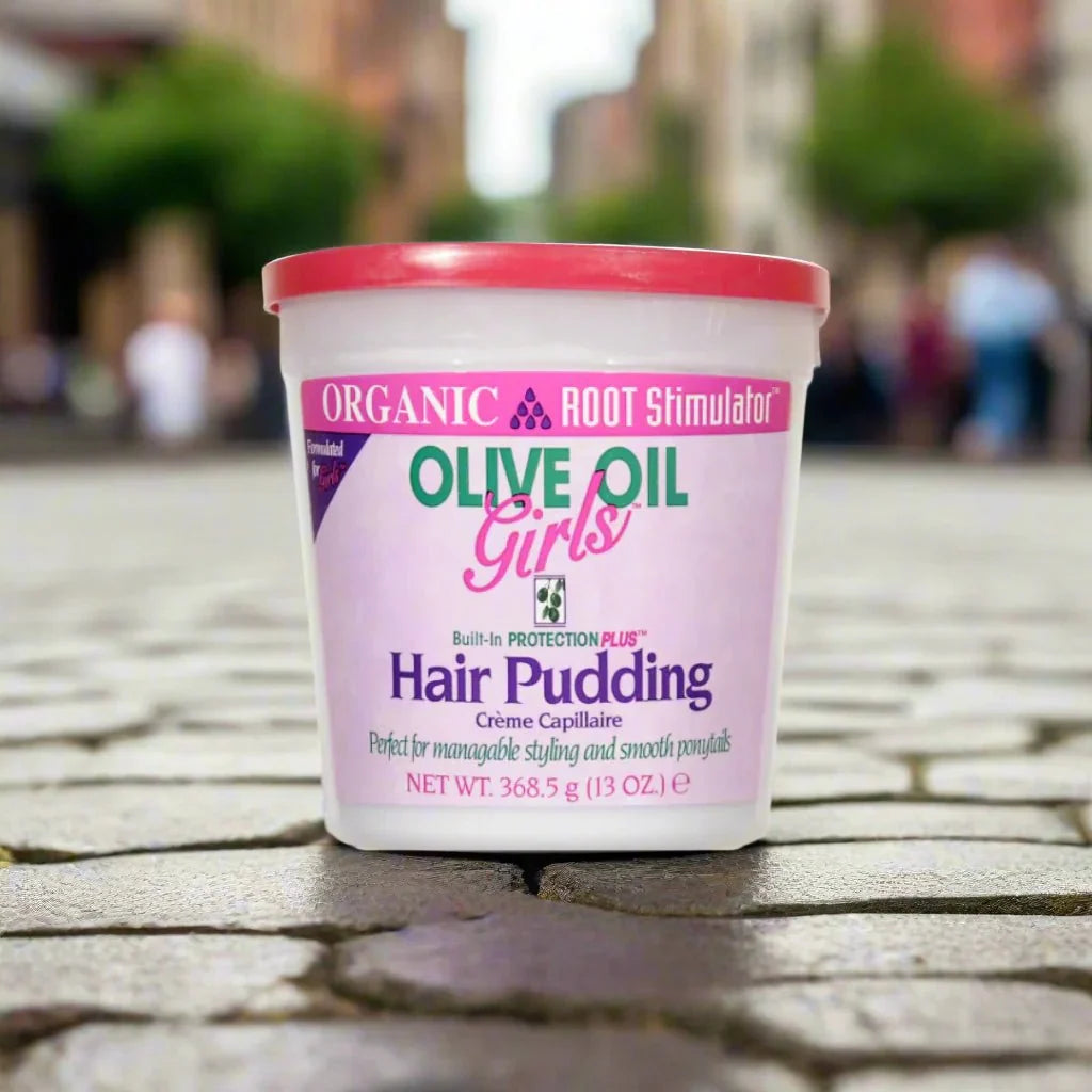 ORS Olive Oil Girls Hair Pudding 13oz jar showing creamy hair styling product with olive oil for kids' hair care.