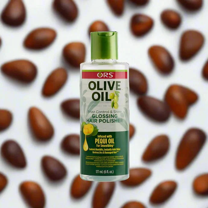 ORS Olive Oil Glossing Polisher 6 oz bottle with a sleek label, designed to add shine and smoothness to hair.