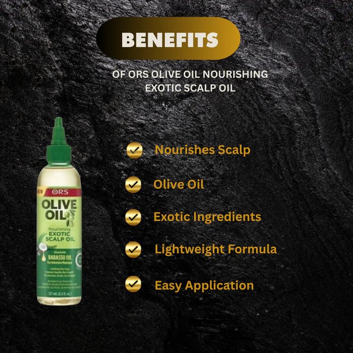 ORS Olive Oil Nourishing Exotic Scalp Oil in 4.3 oz bottle, showing the product with a clear label and golden oil inside.