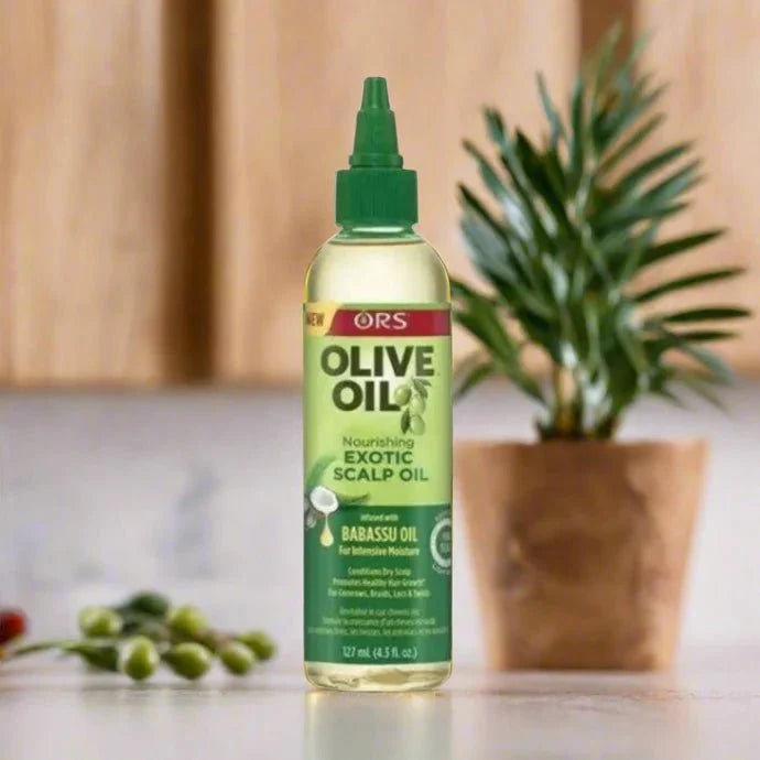 ORS Olive Oil Nourishing Exotic Scalp Oil in 4.3 oz bottle, featuring natural ingredients for healthy scalp and hair nourishment.