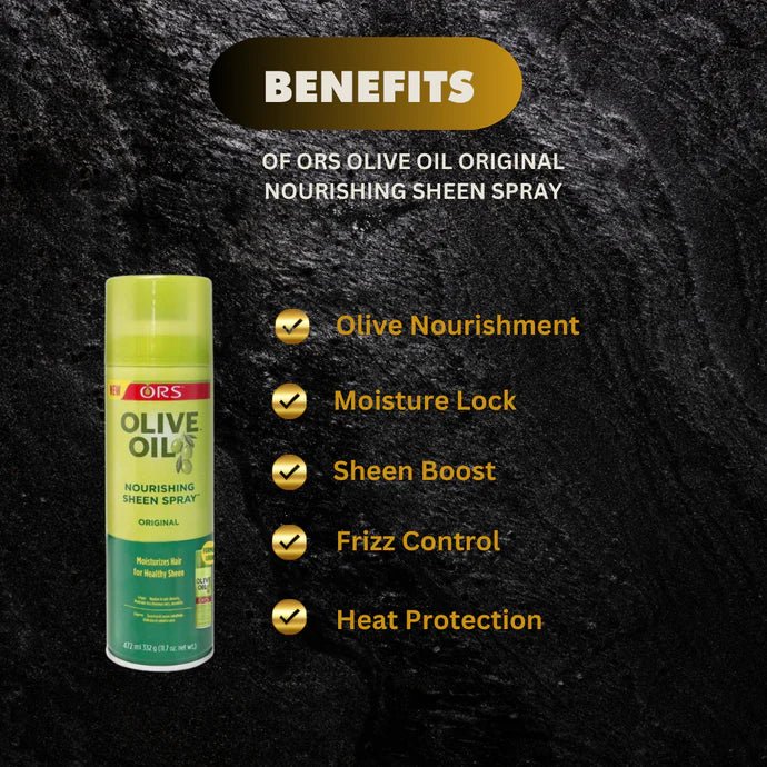 ORS Olive Oil Original Nourishing Sheen Spray in 11.7 oz bottle showing the spray nozzle and product label.