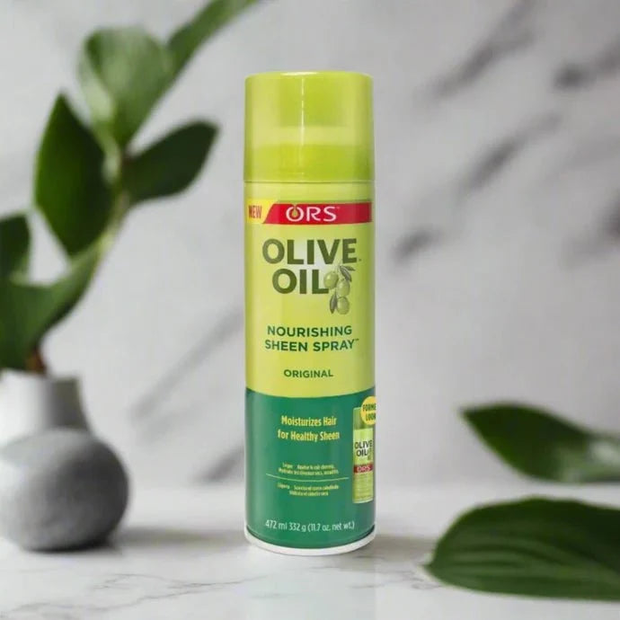 ORS Olive Oil Nourishing Sheen Spray in 11.7 oz bottle, providing shine and moisture for healthy hair.
