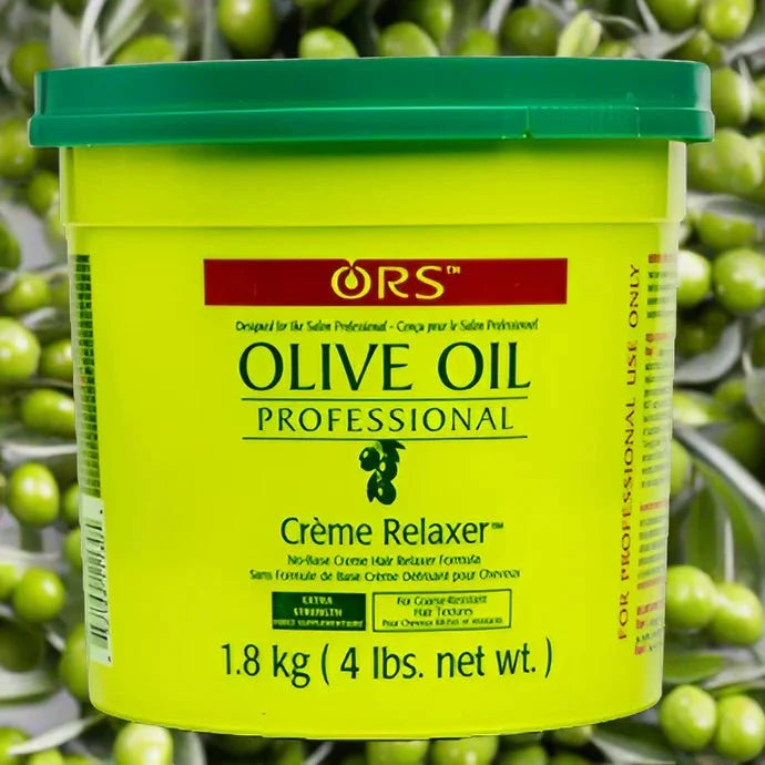 ORS Olive Oil Professional Crème Relaxer in a 4 lb container, featuring a creamy formula for normal hair relaxation.