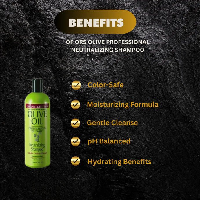 ORS Olive Oil Professional Neutralizing Shampoo bottle shown, 33 oz size, with label highlighting natural olive oil ingredients.