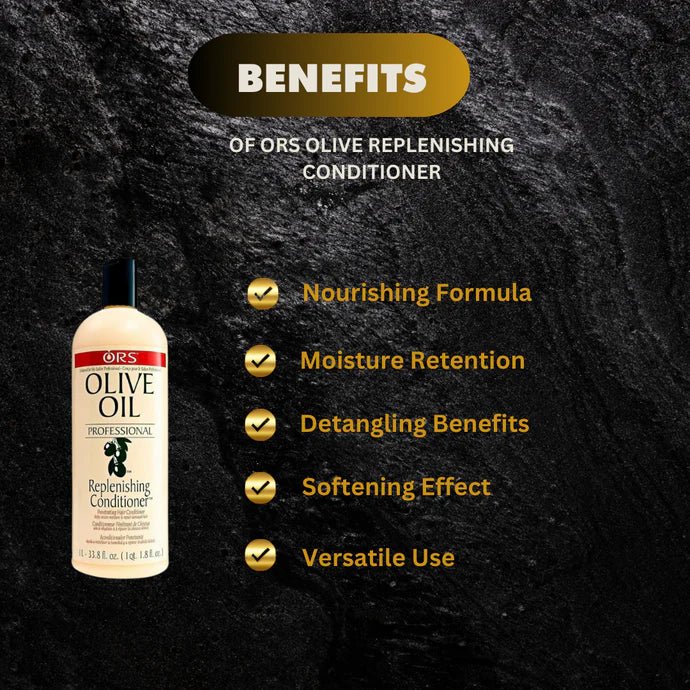 ORS Olive Oil Replenishing Conditioner in 33.8 fl oz bottle, featuring a pump dispenser and green and white packaging.