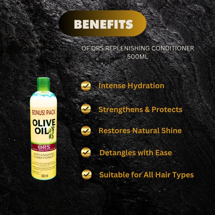 ORS Olive Oil Replenishing Conditioner 500ml bottle with pump dispenser, smooth and nourishing hair care product.