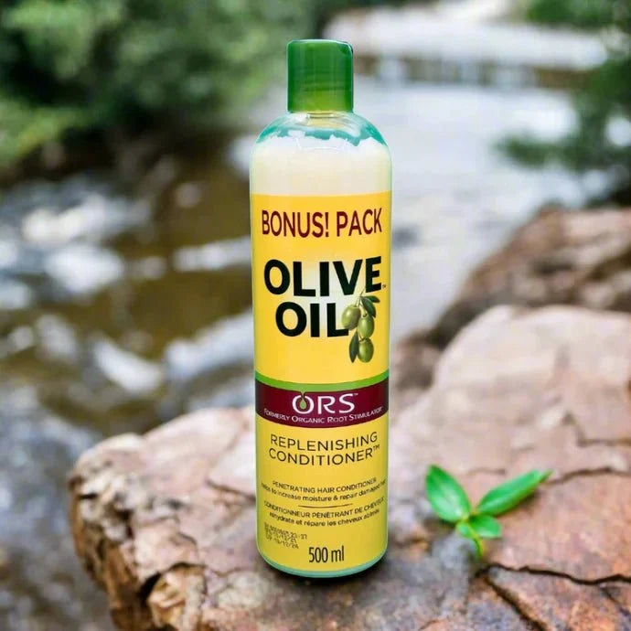 ORS Olive Oil Replenishing Conditioner 500ml bottle with gold cap and label, designed to nourish and hydrate hair.