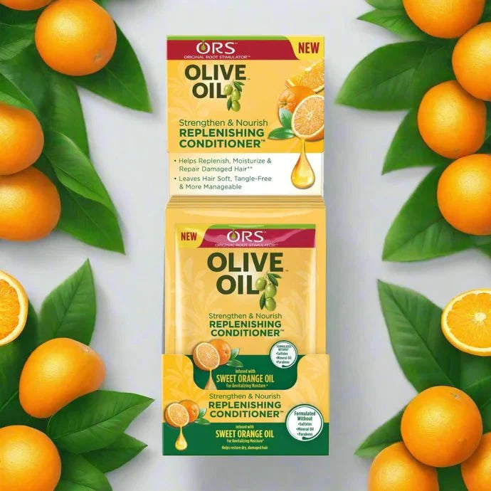 ORS Olive Oil Strengthen & Nourish Replenishing Conditioner bottle, 1.75 fl oz, with rich olive oil for hair nourishment and repair.