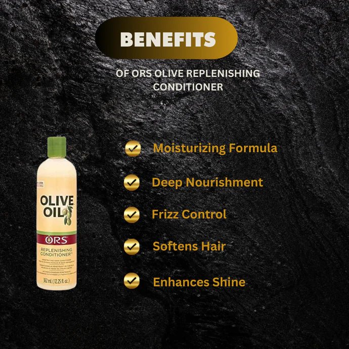ORS Olive Replenishing Conditioner in 12.25 oz bottle, featuring a green and white label with the ORS logo and product details.