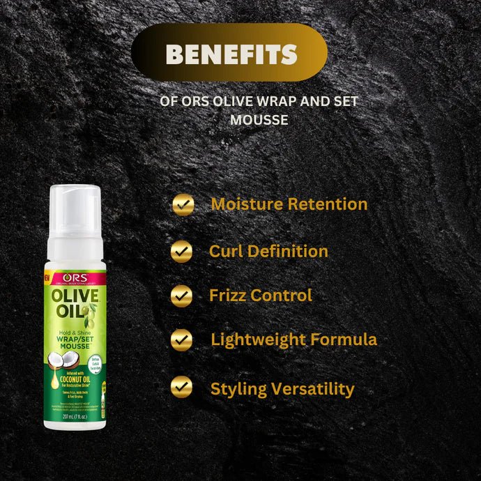 ORS Olive Wrap and Set Mousse in a 7 oz bottle, featuring a clear bottle with a flip-top cap and olive-colored product inside.
