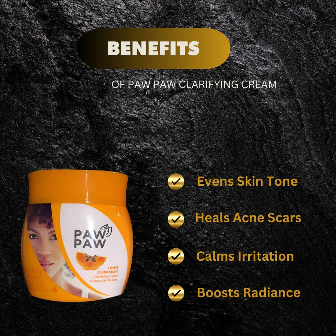 Paw Paw Clarifying Cream 300ml, a daily smoothing moisturizer with natural ingredients, shown in a white jar on a bathroom counter.
