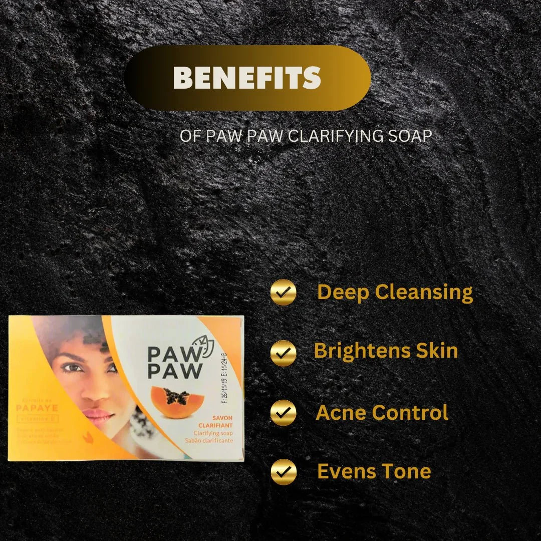 Paw Paw Clarifying Soap with Papaya Extract, 180g, showing the bar with papaya slices and fresh ingredients