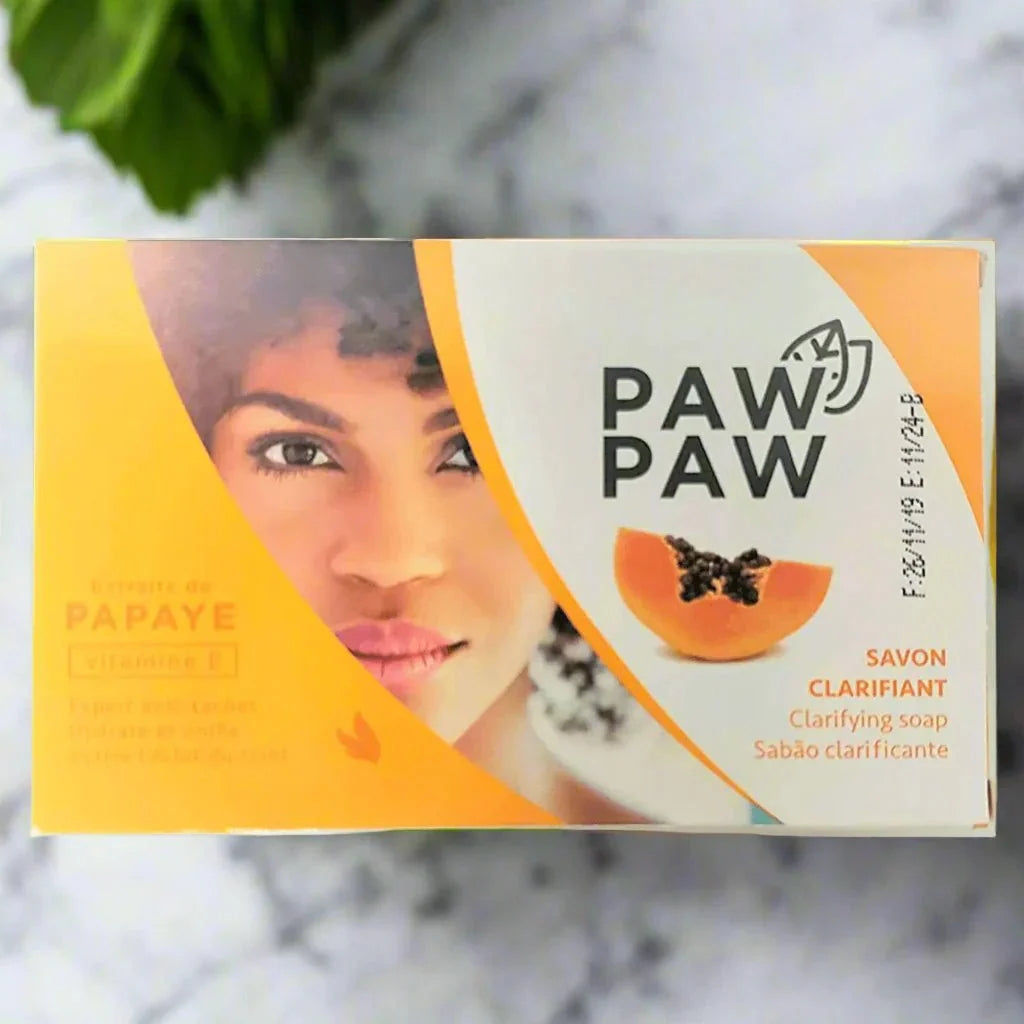 Paw Paw Clarifying Soap with Papaya Extract in 180g, showing the soap bar with papaya and natural ingredients on packaging