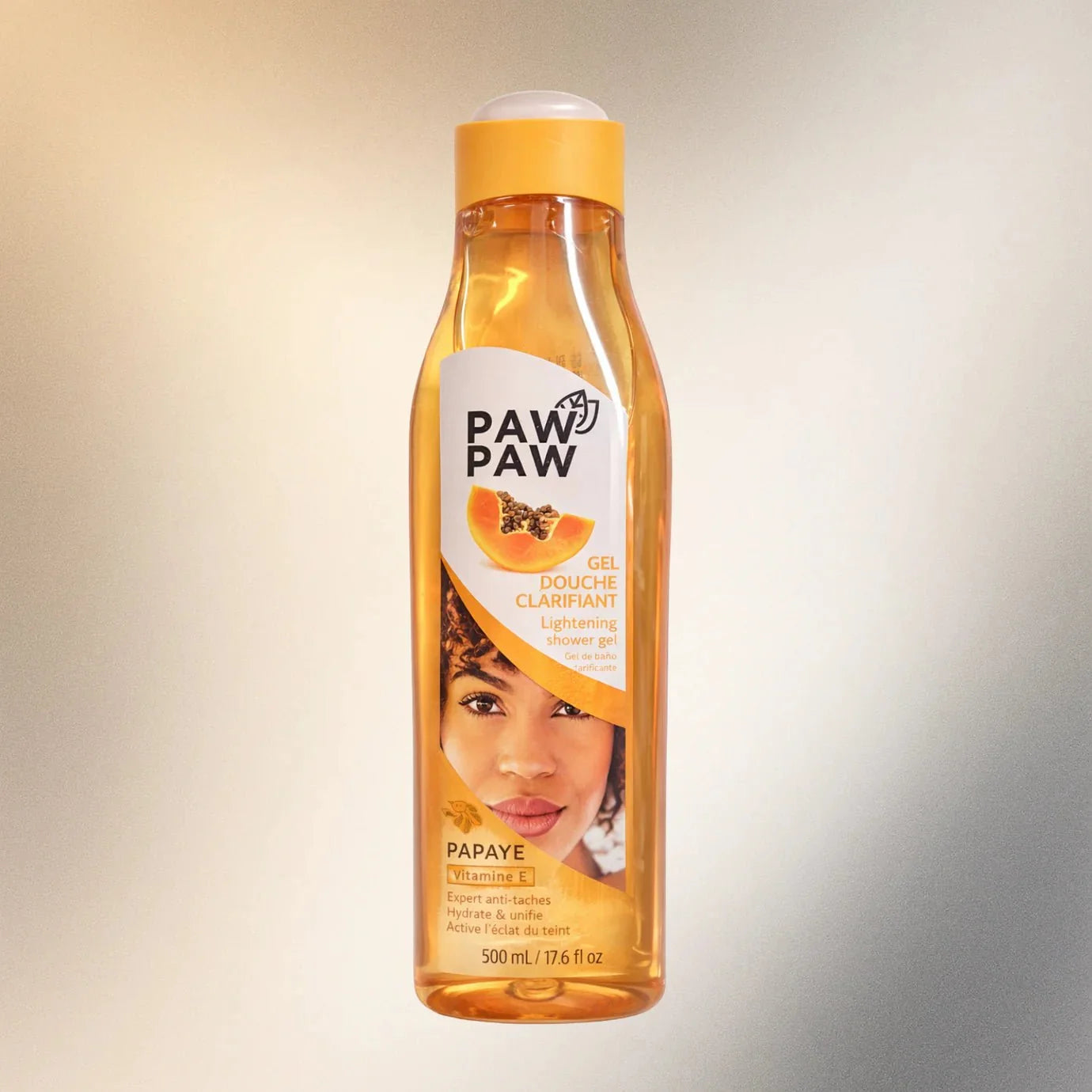 Paw Paw Shower Gel 500ml bottle, gentle daily body wash with natural ingredients, shown in a clear plastic bottle with a pump.