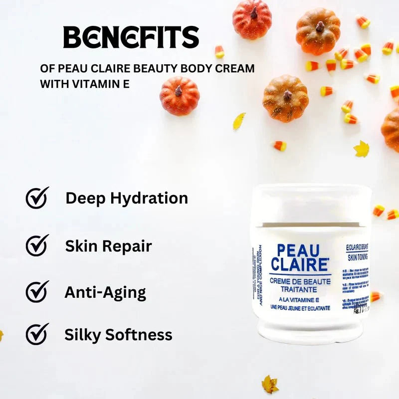 Peau Claire Beauty Body Cream with Vitamin E in a white jar, creamy moisturizer for nourishing skincare, 11.16 oz.