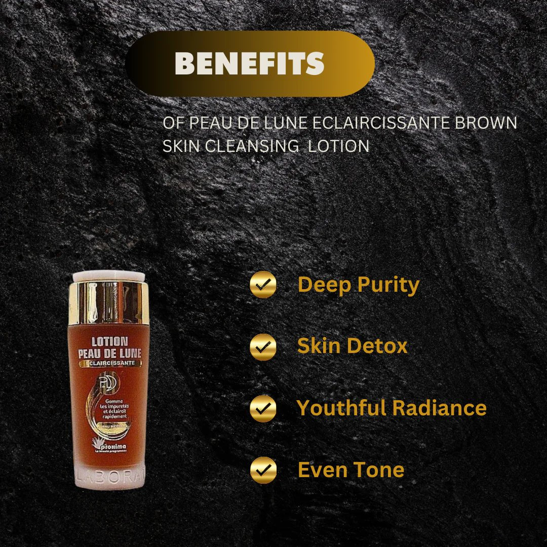 Peau De Lune Brown Skin Cleansing Lotion with natural ingredients, 100 ml bottle, featuring a pump dispenser and brown label.