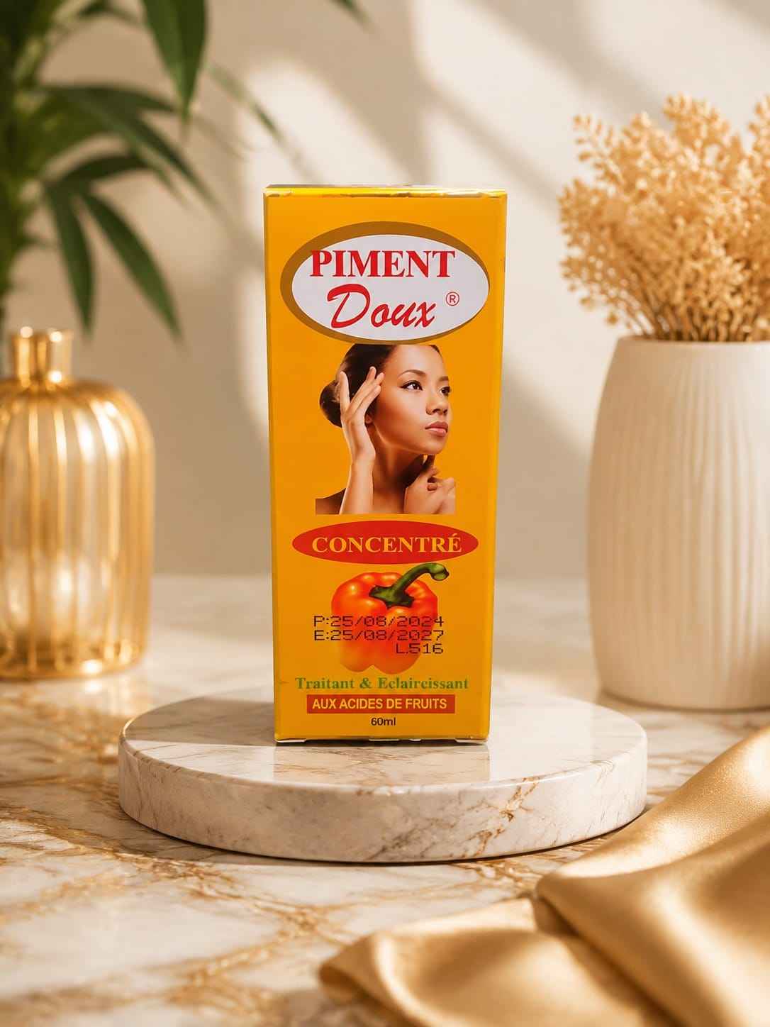 Piment Doux Serum with botanical extracts in a 60ml bottle, featuring natural botanical ingredients and a sleek glass container.