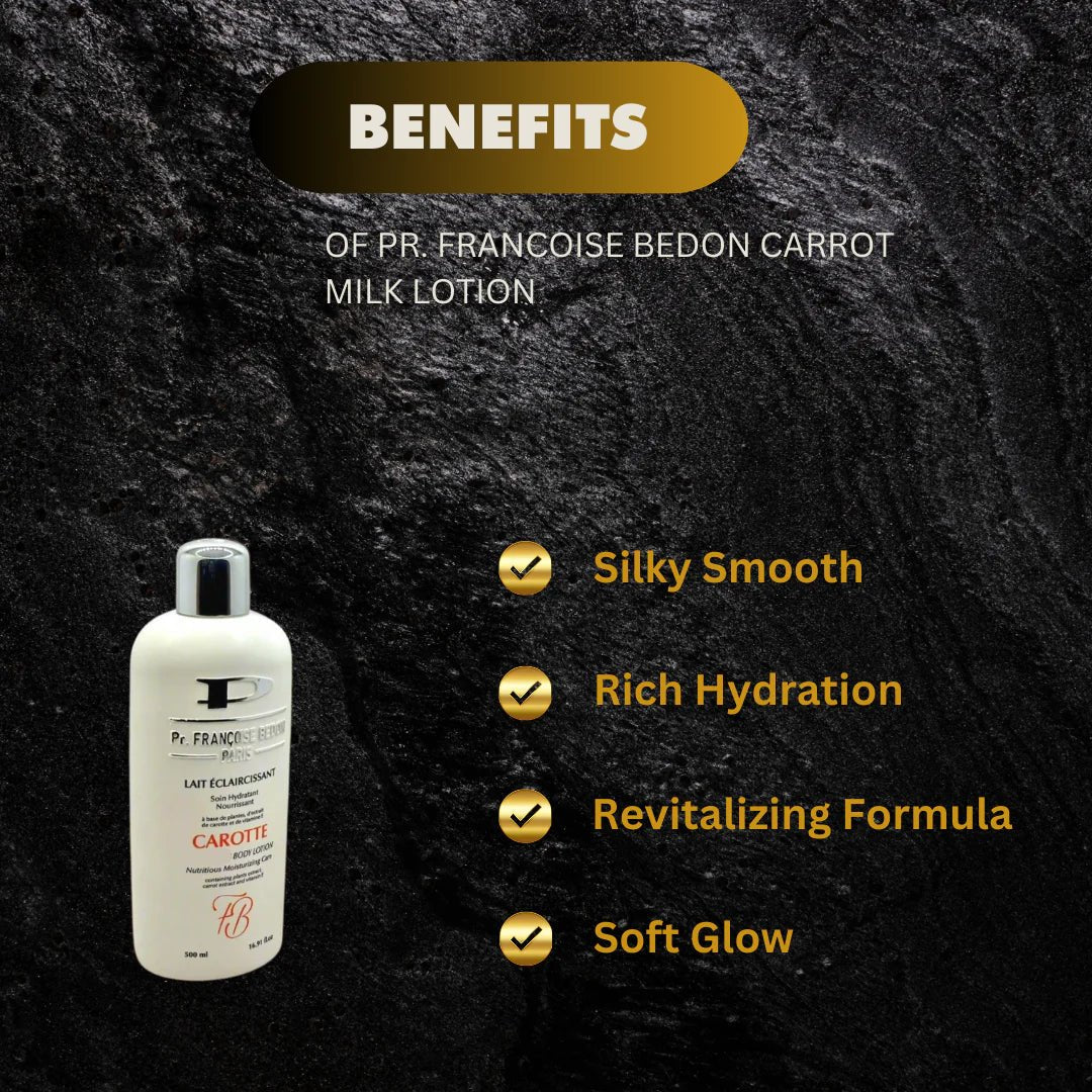 Pr. Francoise Bedon Carrot Milk Body Lotion bottle, 16.8 oz, with a smooth, creamy texture and natural carrot extract ingredients.