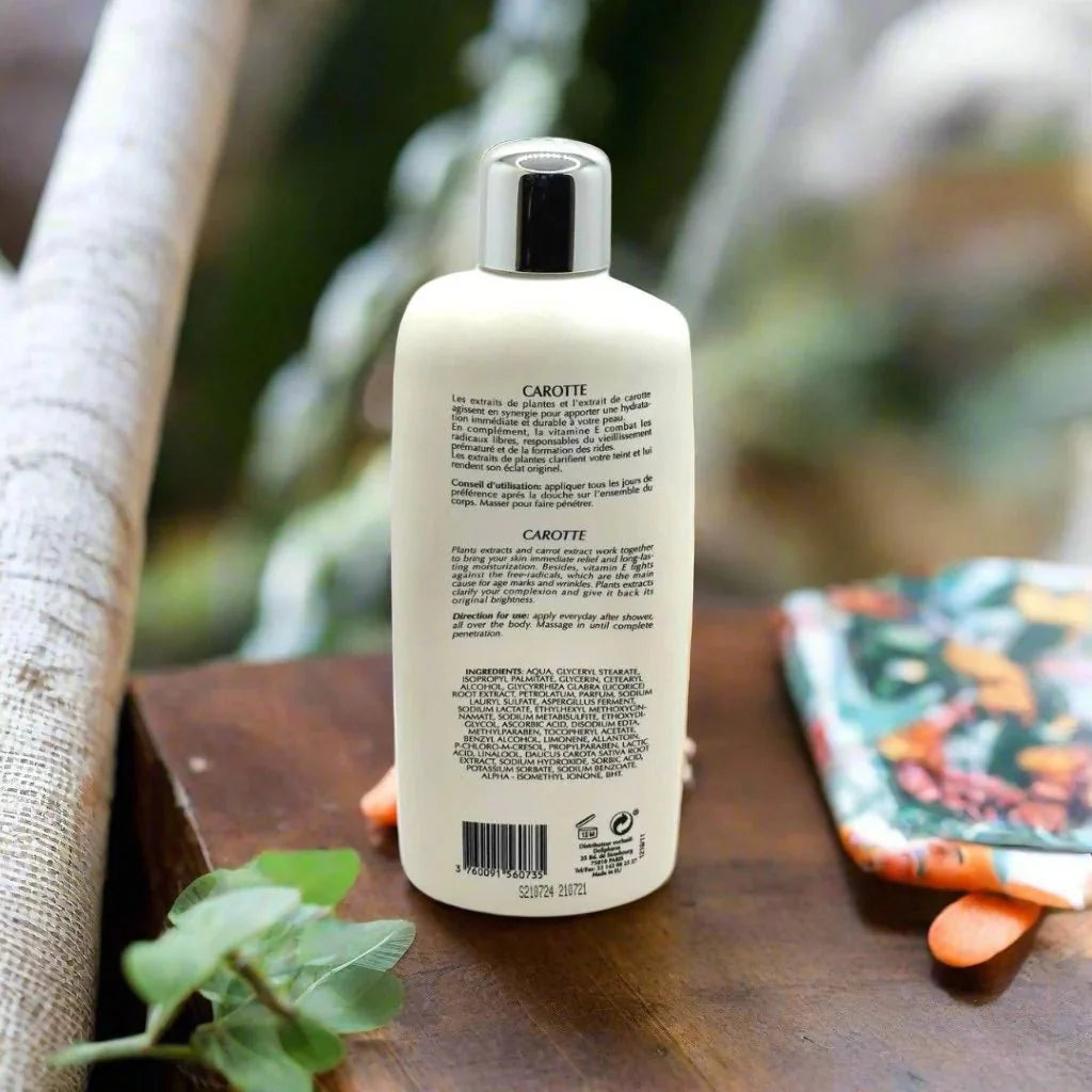 Pr. Francoise Bedon Carrot Milk Body Lotion in 16.8 oz bottle, featuring creamy texture and natural carrot milk ingredients.