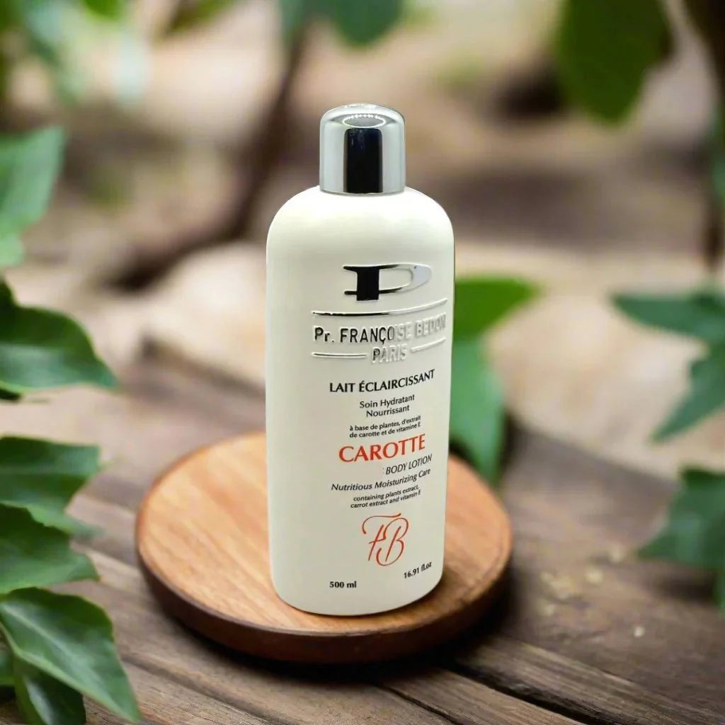 Pr. Francoise Bedon Carrot Milk Body Lotion bottle, 16.8 oz, with a pump dispenser and vibrant orange packaging.