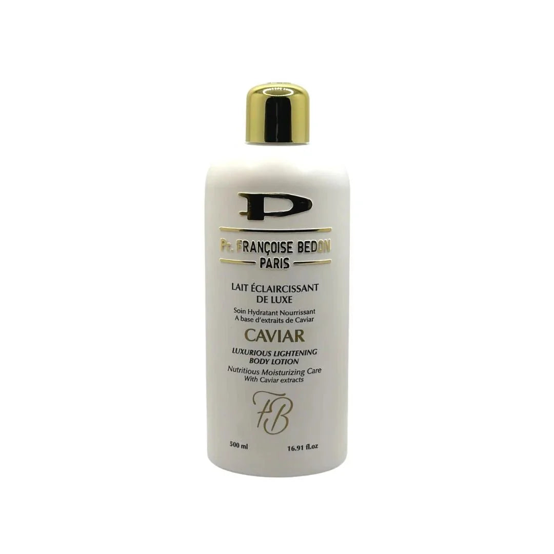 Pr. Francoise Bedon Caviar luxurious body lotion bottle, 16.8 fl oz / 500ml, with elegant packaging and smooth texture visible