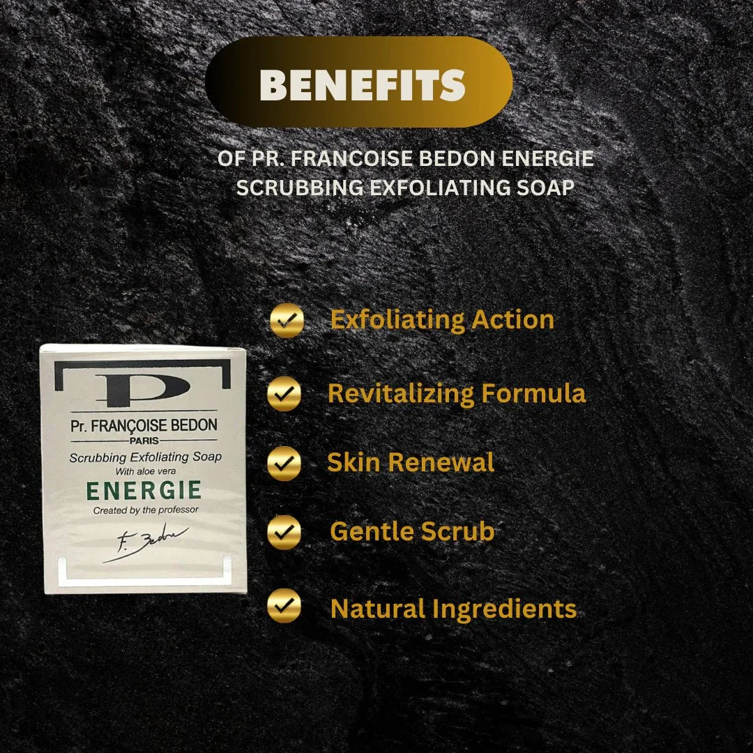 Pr. Francoise Bedon Energie Scrubbing Soap 7 oz with natural ingredients, shown in a clear image of the soap bar.