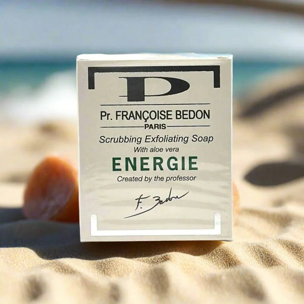 Pr. Francoise Bedon Energie Scrubbing Soap 7 oz with natural ingredients, showing the soap bar and packaging.