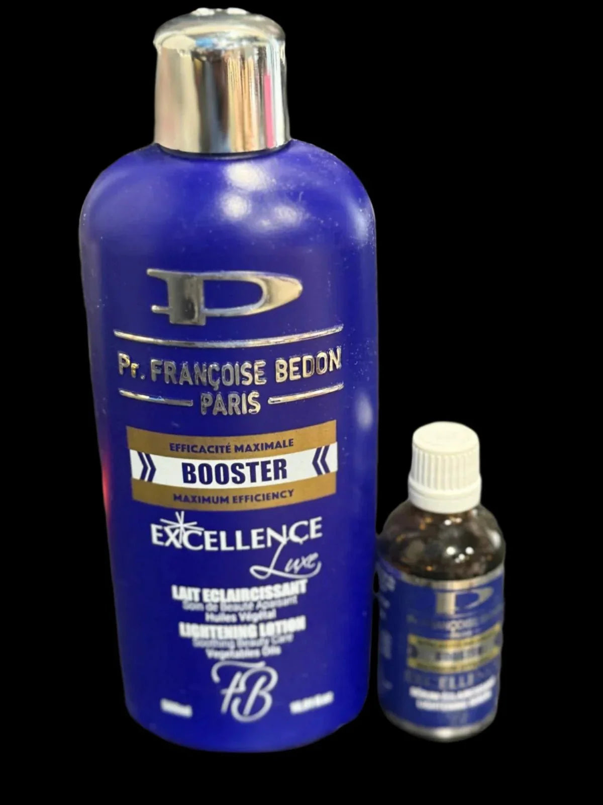 Pr. Francoise Bedon Excellence Booster Body Lotion 500ml with booster serum, shown in a sleek bottle with a pump dispenser