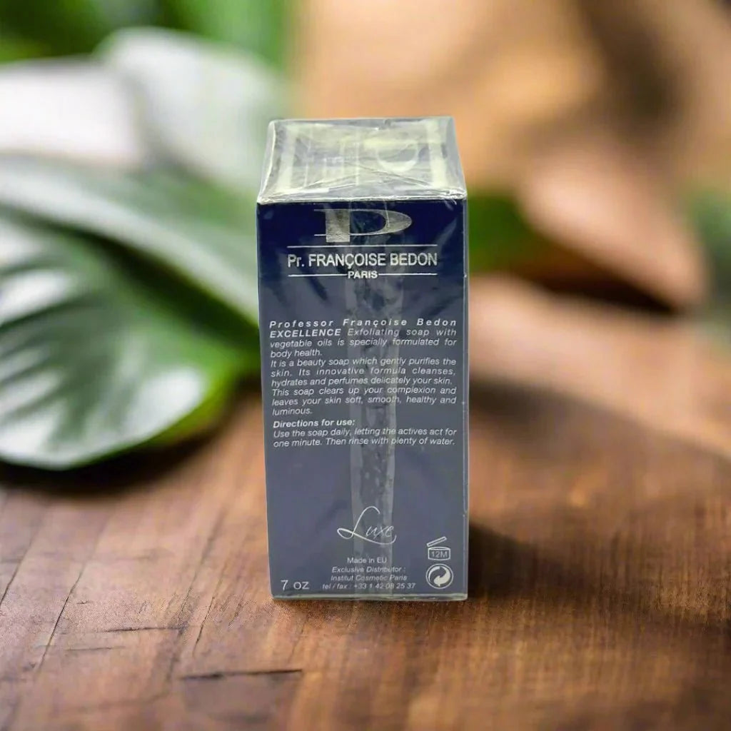 Pr. Francoise Bedon Excellence Luxury Soap 7 oz, showcasing elegant packaging and creamy soap texture in a close-up shot.