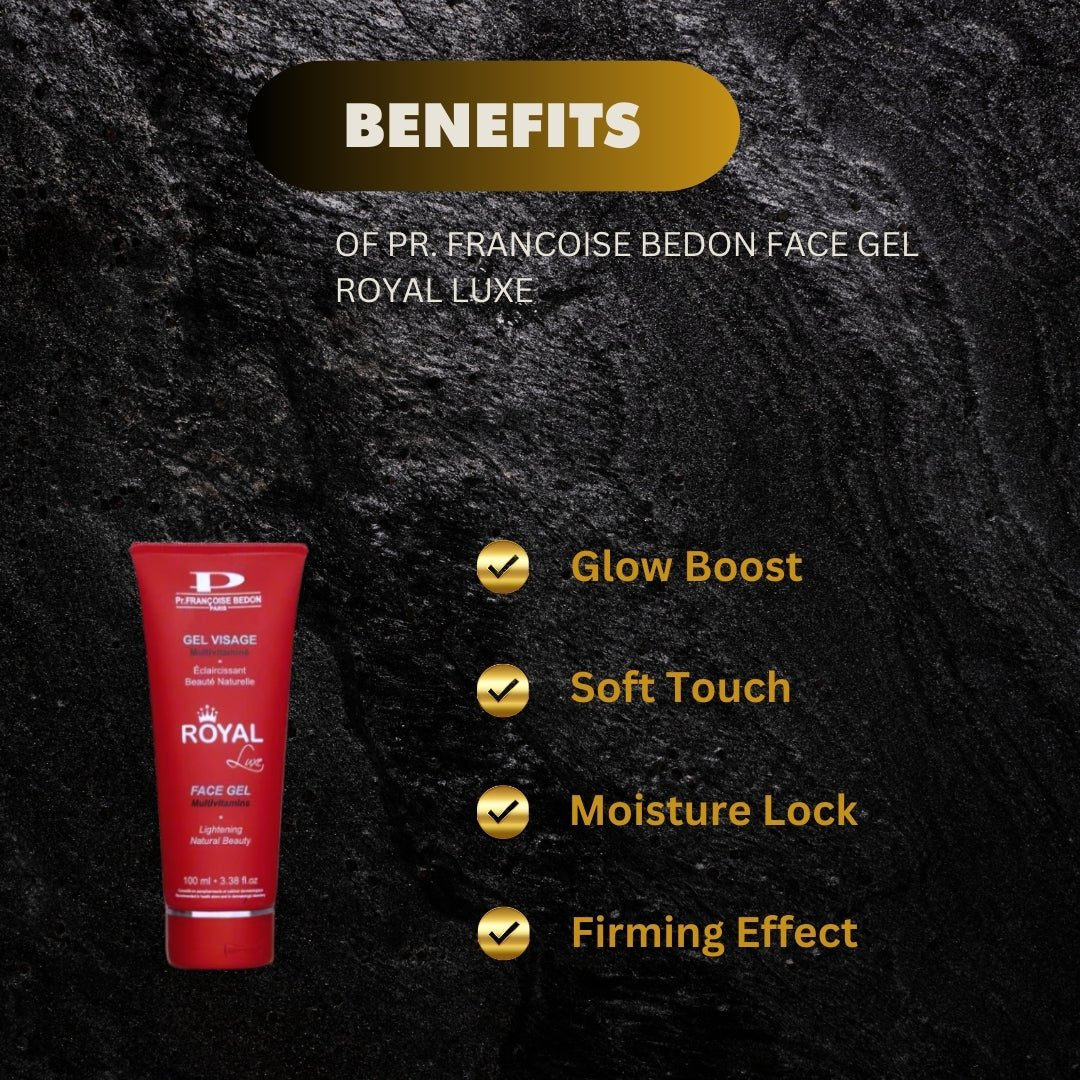 Pr. Francoise Bedon Royal Luxe Face Gel in 100ml jar, featuring a luxurious skincare product with elegant packaging.
