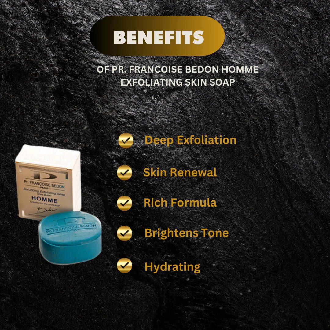 Pr. Francoise Bedon Homme Soap 200g bar with natural ingredients, shown in a close-up image emphasizing its packaging and texture.