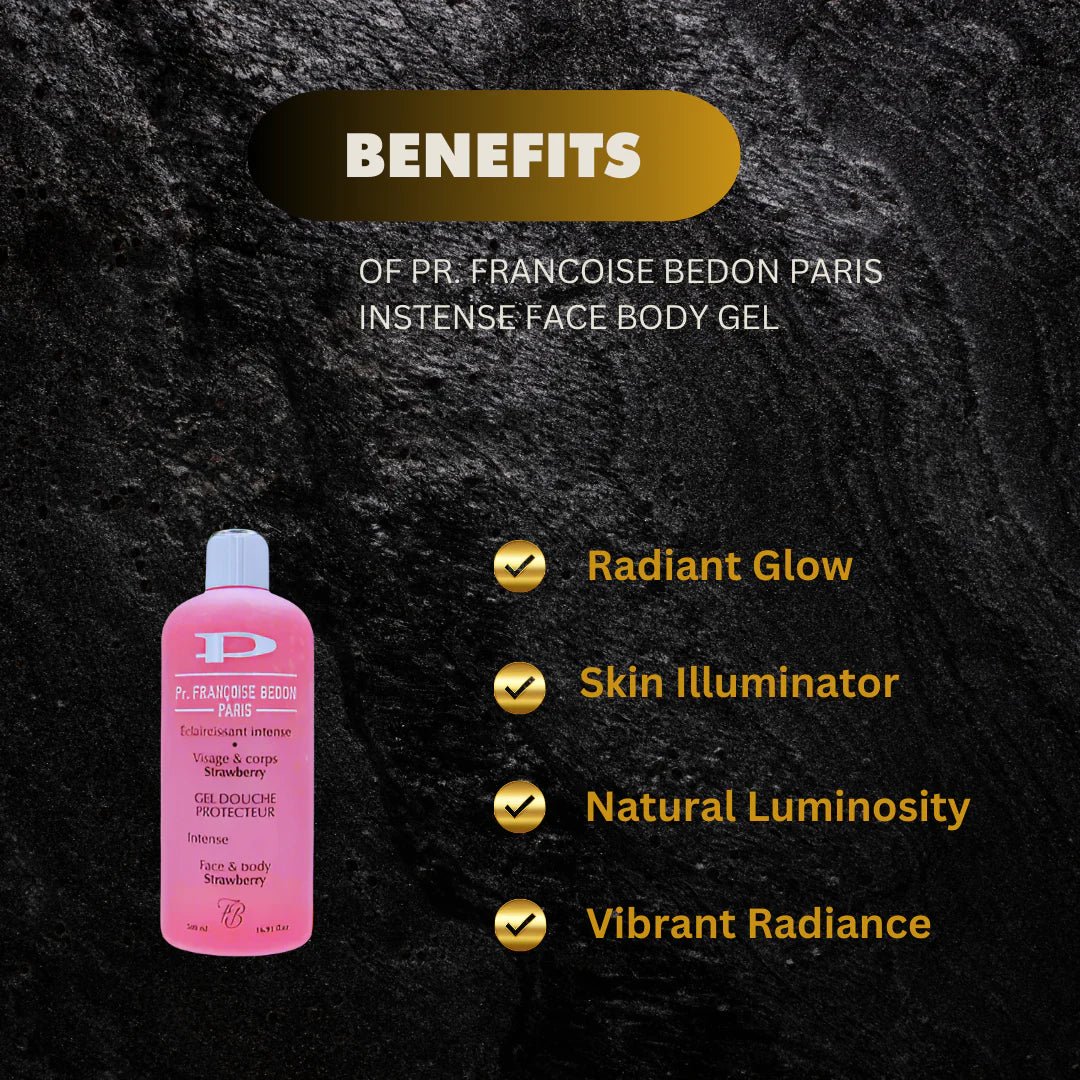 Pr. Francoise Bedon Paris strawberry face and body shower gel in a 500ml bottle, with a fruity, pink-labeled design.