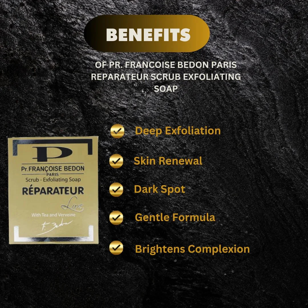Pr. Francoise Bedon Paris Scrub Soap 7 oz / 200 g with exfoliating texture and elegant packaging.
