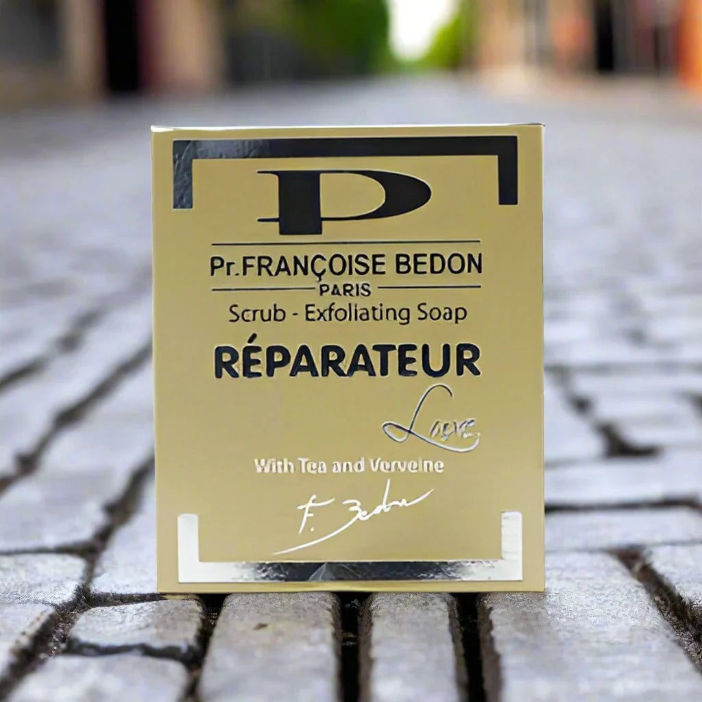 Pr. Francoise Bedon Paris Scrub Soap 7 oz with exfoliating texture and elegant packaging, designed for gentle cleansing and skin renewal.