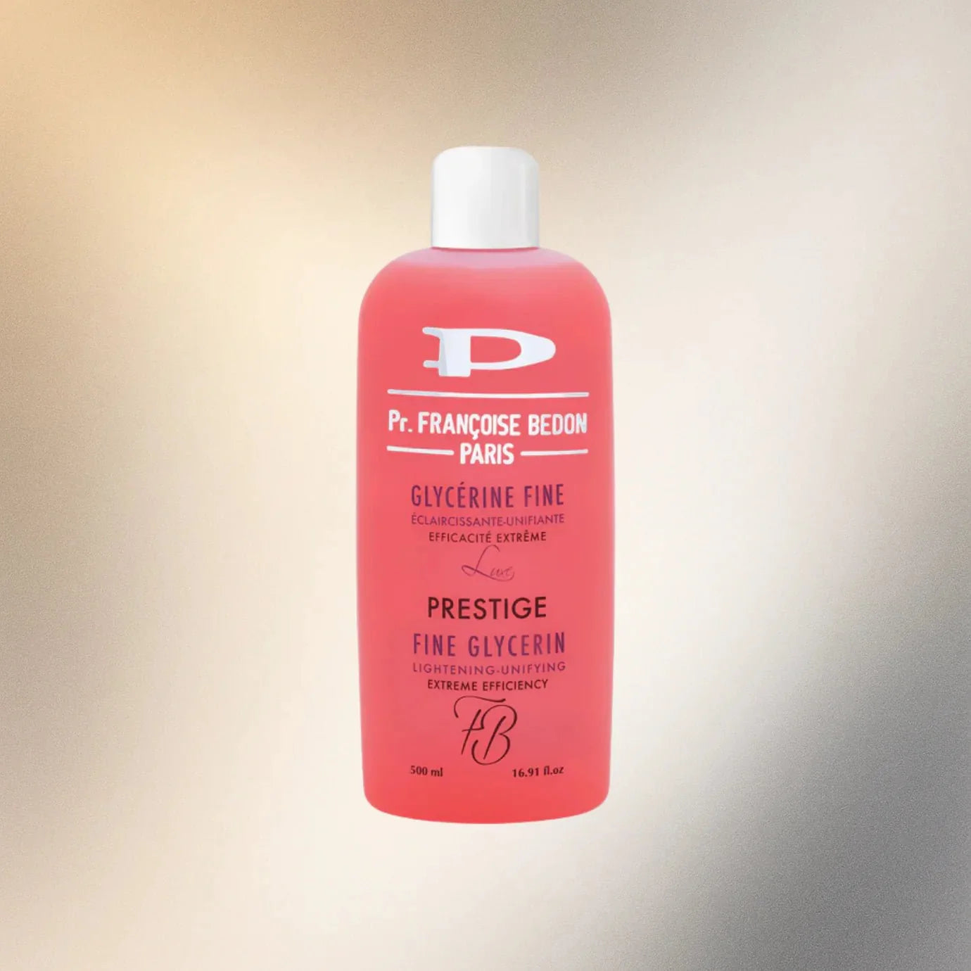 Pr. Francoise Bedon Prestige Fine Glycerin 16.8oz bottle, clear liquid in a glass container with a white cap.