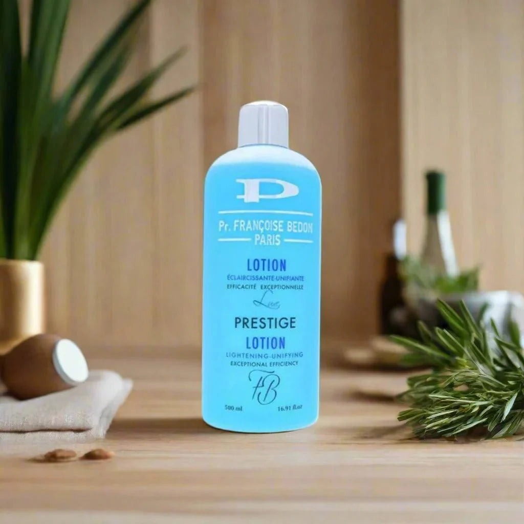 Pr. Francoise Bedon Prestige Unifying Lotion 500ml bottle, featuring a sleek design and white cap for brightening and skin tone evening