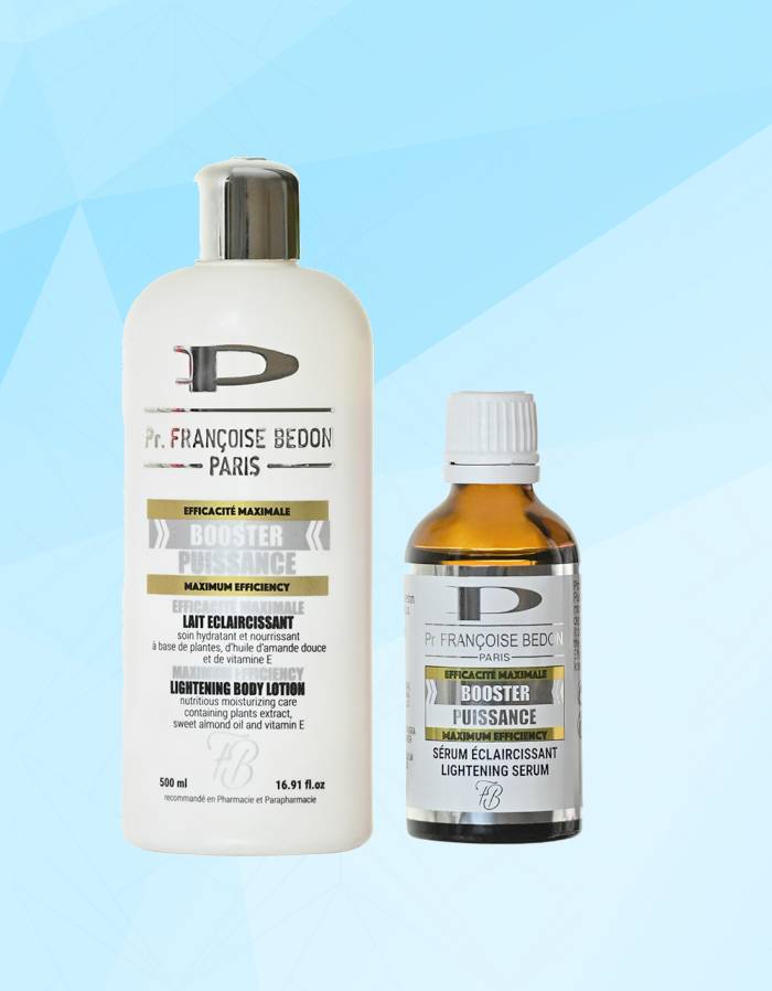 Pr. Francoise Bedon Puissance Booster Body Lotion 500ml with Booster Serum, creamy lotion bottle with pump dispenser.