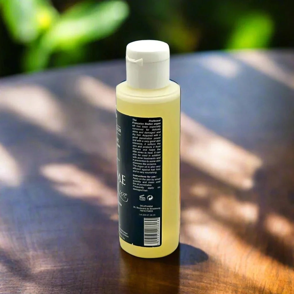 Pr. Francoise Bedon Pure Argan Oil Supreme bottle, 125ml, with golden liquid in a clear glass container.