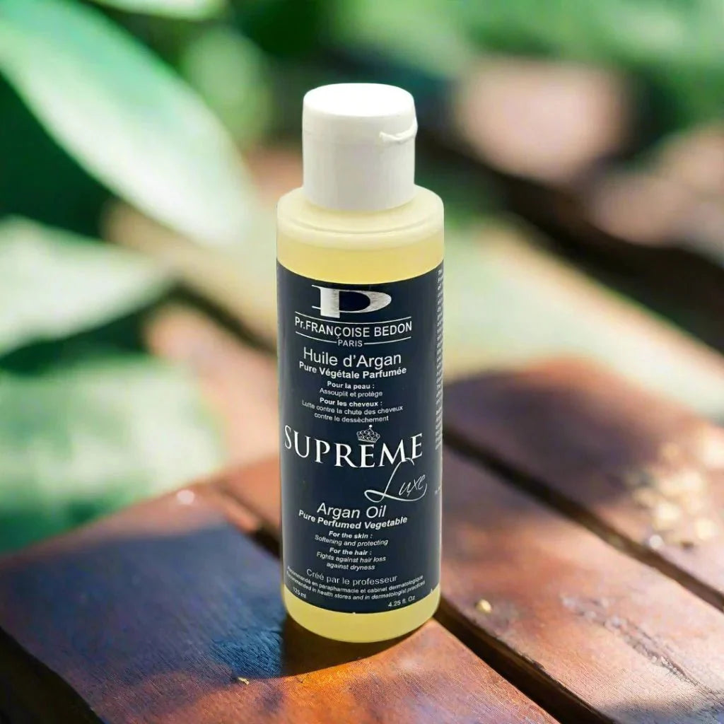Pr. Francoise Bedon Pure Argan Oil Supreme 125ml bottle, highlighting the glass container and label for nourishing skincare.