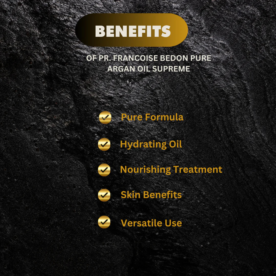 Pr. Francoise Bedon Pure Argan Oil Supreme 125ml bottle, golden liquid in a clear glass container, for skin and hair care.
