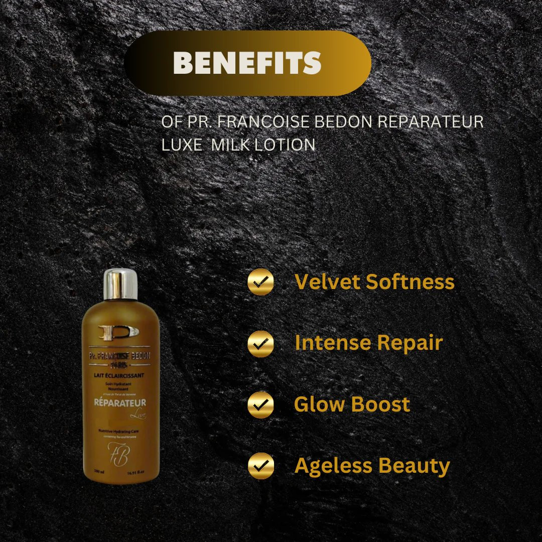 Pr. Francoise Bedon Reparateur Luxe Milk Lotion bottle, 16.8oz/500ml, with a sleek design and label visible in the image.