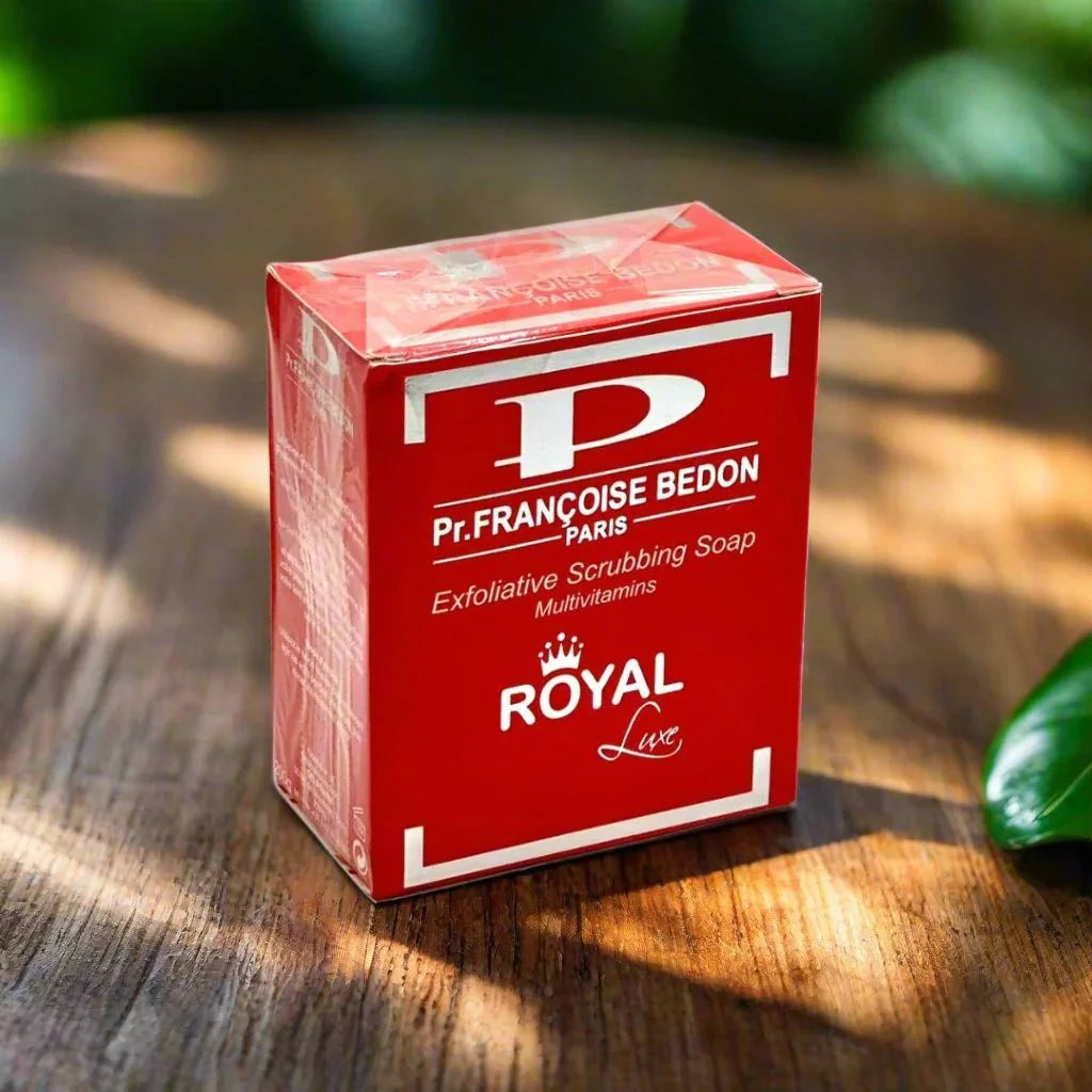 Pr. Francoise Bedon Royal Scrub Soap in 7 oz, showing the elegant soap bar with embossed branding and luxurious packaging