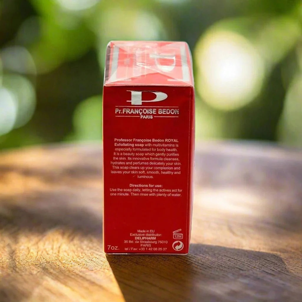 Pr. Francoise Bedon Royal Scrub Soap 7 oz, creamy exfoliating soap with natural ingredients, shown in a clear packaging.