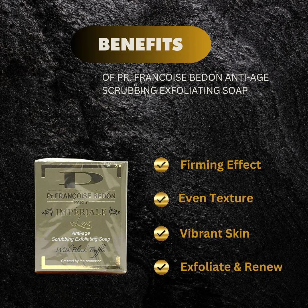Pr. Francoise Bedon Scrubbing Soap 7 oz with natural ingredients, shown in a clear image highlighting the soap bar and packaging.